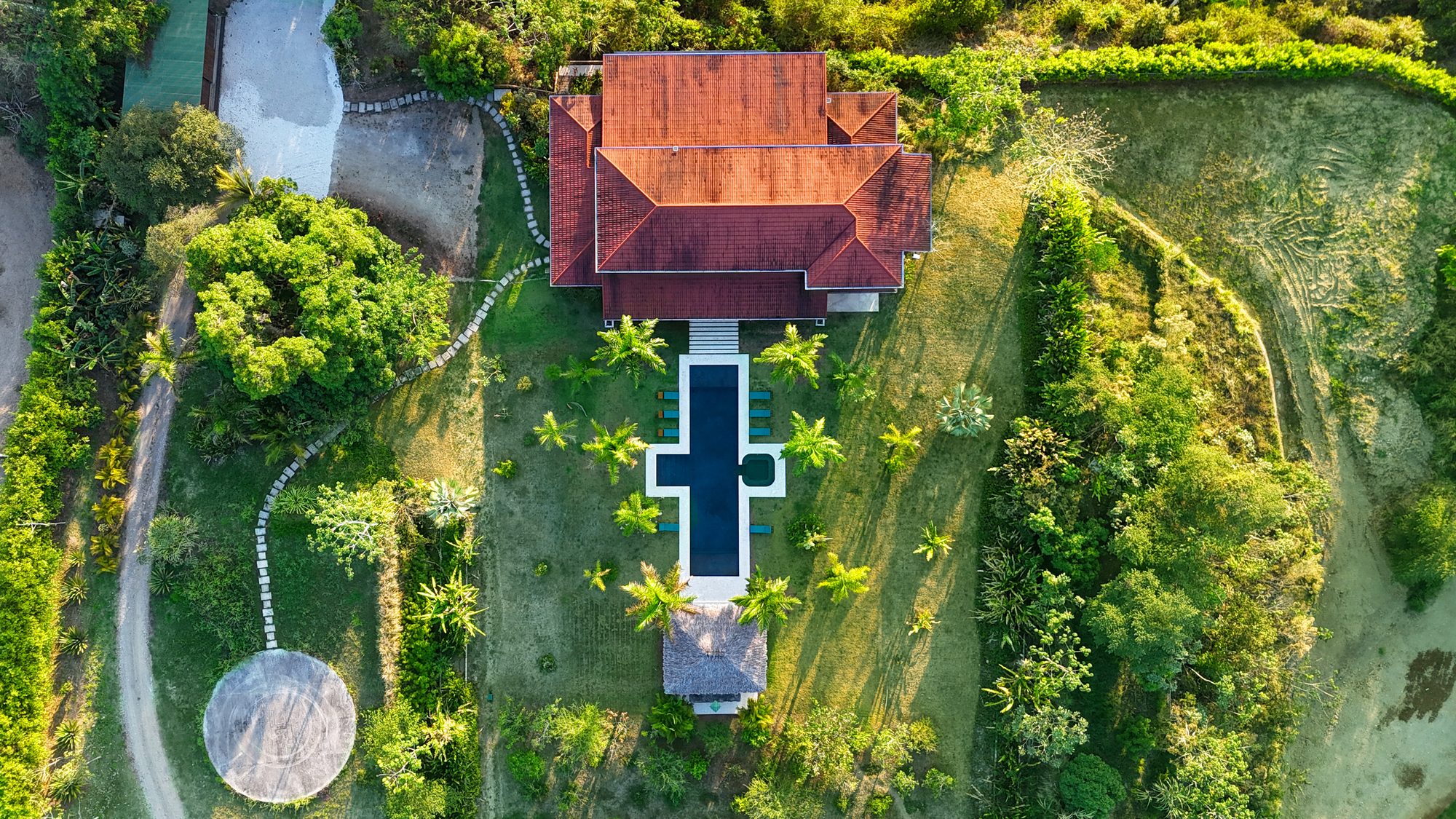 Aerial view of the grounds, pool and heliport